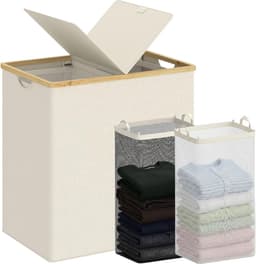 Dubbele Wasmand met Deksel en 2 Afneembare Vakken, 140 L, Ideaal voor Badkamer, Slaapkamer en Wasruimte, Beige — thumbnail 1