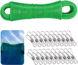 Waslijn met Clips - Drooglijn Buiten - Kleding Drogen - Roestvrij Staal Kern - 30 Meter Lengte - Groen — thumbnail 1