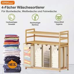 Wasmand Met Vakken - Kleding Opberger - Sorteer Wasgoed - Dubbele Bamboe Plank - 198 Liter - Beige — thumbnail 4