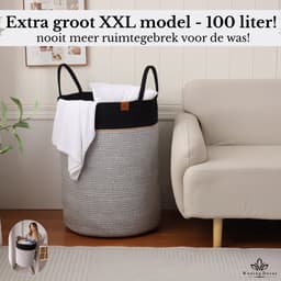 Woning Decor® Wasmand 100L XXL – Katoenen Wasmand – Opbergmand – Wassorteerder –Grijs/Zwart — thumbnail 4