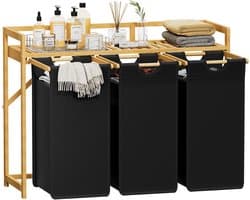 Wasmand met bamboeframe, 150 liter, wasverzamelaar, 3 vakken, afneembare wasbox, bamboe, wassorteerder voor kleding, handdoeken, speelgoed, 96. 2 x 33,4 x 72 cm, zwart