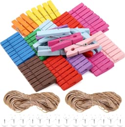 SnelShoppen - 100 Stuks Mini Houten Kledingknijpers voor Foto's, Kleurige Mini Klemmen met 10m Jute Touw voor Creatieve Fotocollages, Postkaarten en C — thumbnail 1