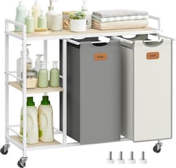 Wasmand, 2 vakken, wasmand 100 l, bak, wieltjes, trolley met planken, tas, afneembare zakken, 6 etiketten, natuurlijk beige, duifgrijs en crèmewit BLH311G01 — thumbnail 3