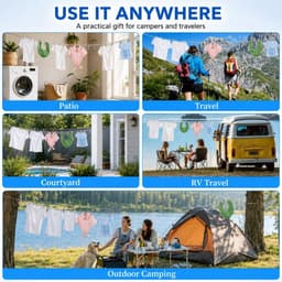 waslijn, 5 m, roestvrij stalen kabel, 2,0 mm, draagbare reiswaslijn met 15 metalen klemmen, 2 magnetische haken en zakken, outdoor waslijn voor camper, balkon, tuin — thumbnail 2