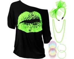 jaren 80 outfits kostuum accessoires voor vrouwen lippen print t-shirt kant hoofdband oorbellen ketting armband, Fluorescerend Groen, 3XL