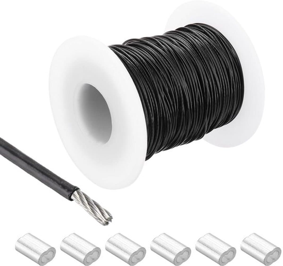 Metalen kabel van roestvrij staal 304, 40 meter, gecoat met vinyl, 6 aluminium mouwen - voor droogrek en heffen - zwart — afbeelding 1