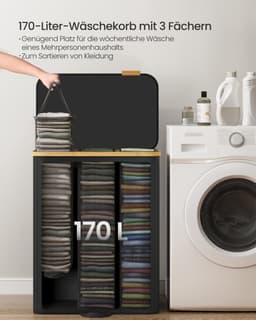Wasmand met deksel en uitneembare waszak - 170 liter - 60 x 38,5 x 75 cm - Inktzwart — thumbnail 5