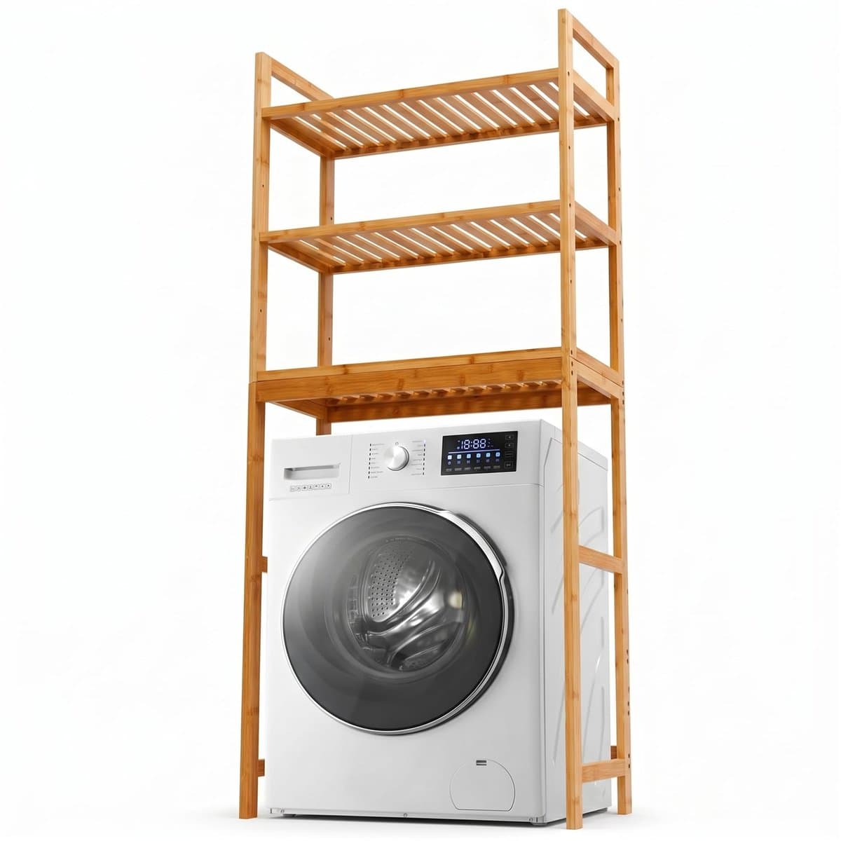 Bamboe Wasmachine Rek - Opbergrek Boven de Wasmachine met 3 Legplanken - Houten Badkamerrek voor Wasruimte, Toilet en Bijkeuken - Ruimtebesparende Opbergkast voor Wasmiddel, Handdoeken en Accessoires - 66 x 26 x 170 cm — afbeelding 1