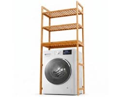 Bamboe Wasmachine Rek - Opbergrek Boven de Wasmachine met 3 Legplanken - Houten Badkamerrek voor Wasruimte, Toilet en Bijkeuken - Ruimtebesparende Opbergkast voor Wasmiddel, Handdoeken en Accessoires - 66 x 26 x 170 cm