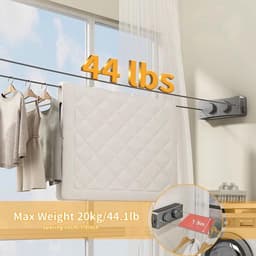 Dubbele waslijn - Waslijn van roestvrij staal 304 - Waslijn zonder gaten - Grijs - 28*10*5cm - Waslijn voor aan de muur - Uittrekbare waslijn voor buiten - Geschikt voor balkon, badkamer, terras, wasruimte - Dubbele hangende waslijn — thumbnail 3