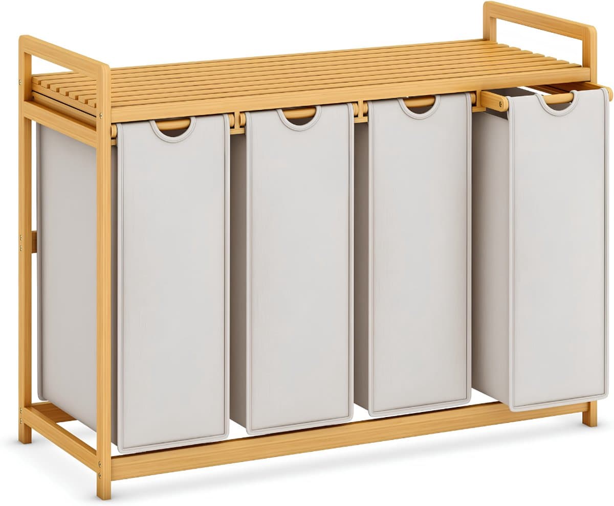 Wasmand - 200L - Wasmand 4 Vakken - Wasmanden - Lichtgrijs - 107cm x 42cm x 77cm — afbeelding 1