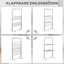 Droogtoren Mobiel Klapbaar Met 2 Niveaus En Wielen Verstelbaar 136,5 Cm Roestvrij Staal En Kunststof Silver Voor Binnen En Buiten — thumbnail 2