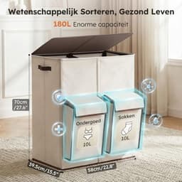 Lìon® Wasmand - 180L - Wasmand 4 Vakken - Wasmand met Deksel - Beige - 58cm x 40cm x 71cm — thumbnail 5
