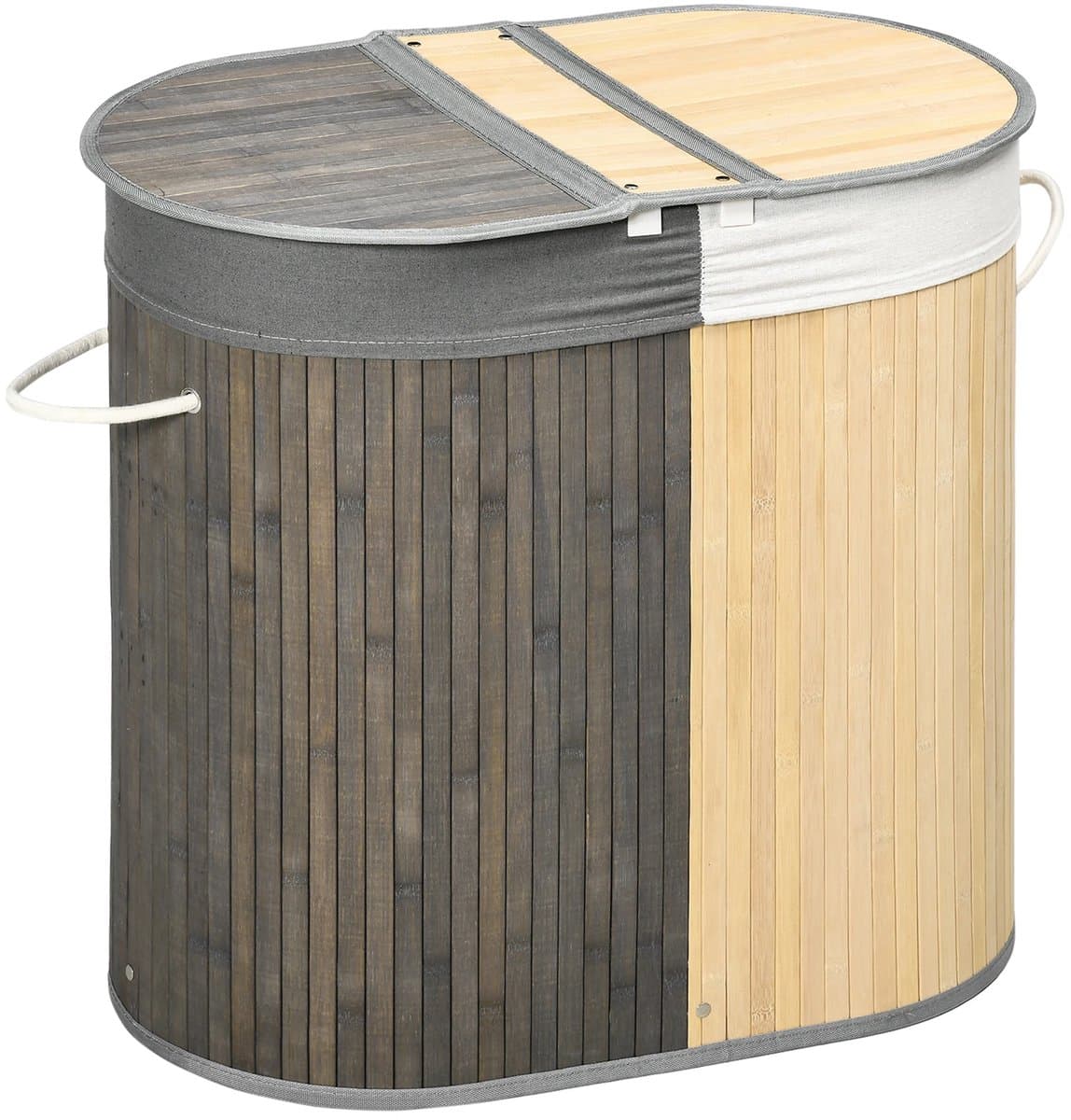 ITRONIQ Wasmand Met Deksel 100 Liter - Dubbele Wasbox Met Twee Compartimenten - Uitneembare Waszak - Bamboe - Grijs Naturel — afbeelding 1