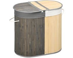 ITRONIQ Wasmand Met Deksel 100 Liter - Dubbele Wasbox Met Twee Compartimenten - Uitneembare Waszak - Bamboe - Grijs Naturel