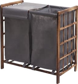 Wasbak MCW-B60, Wasbox wasmand, massief hout 2 vakken 60x60x33cm 68l ~ bruin, grijs deksel — thumbnail 1