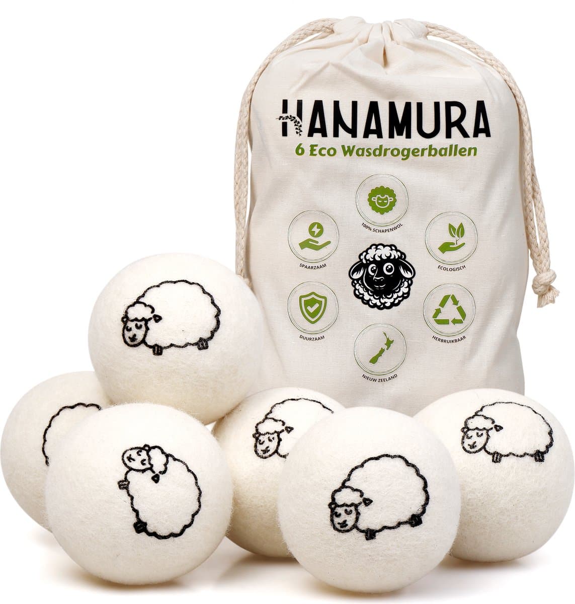 Hanamura Drogerballen - 6 Wasdrogerballen - 100% Schapenwol - Droogballen met Opbergzak — afbeelding 1