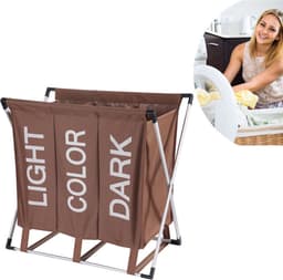 Wassorteerder - 90L - Wasmand 3 Vakken - Opvouwbare Wasmanden - Organizer - Wassorteerder 3 vaks - Alu Frame - Bruin — thumbnail 2