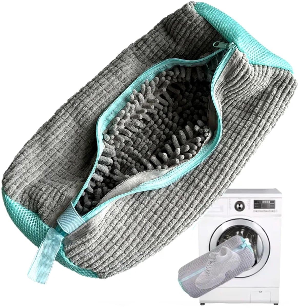 Schoenwaszak – waszak – met 360° reinigingsfleece en ritssluiting – Geluidsreducerend – Wasmachinebestendig – Voor Sneakers – Universele Maat – 2 Stuk – Grijs — afbeelding 1