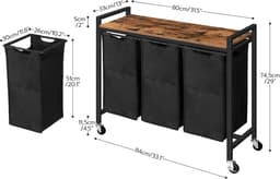 Wasmand 3 vakken, wasverzamelaar met plank, wasbox, waswagen met wieltjes, 3 x 39,8 l, waszak van Oxford-weefsel, vintage bruin-zwart — thumbnail 2
