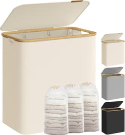 SONGMICS LCB515W01 Wasmand met 3 vakken, 150 liter, wasmand met opvouwbaar deksel, afneembare waszak, oxfordstof, handgrepen van bamboe, opvouwbaar, 60 x 38,5 x 70,5 cm, crèmewit — thumbnail 1