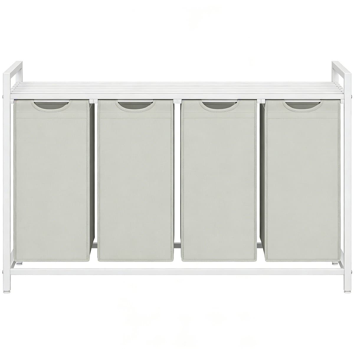 Wasmand 4-vaks sorteermand 116×33×72 cm Wit-grijs Met uittrekbare en afneembare waszakken Lattenrek voor ventilatie Stevig metalen frame Geschikt voor wasruimte, badkamer en slaapkamer — afbeelding 1