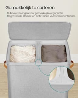 SONGMICS Wasmand, 170 L Vuile wasmand, 2 compartimenten, eenvoudige montage, met deksel en handgrepen, uitneembare binnenzakken, 56 x 40 x 75 cm, duifgrijs LCB813G01 — thumbnail 4