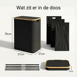 Alles & Co. XXL Wasmand 141 Liter - 3 Vakken Wassorteerder - Met Uitneembare Waszakken - Bamboe & Zwart — thumbnail 2