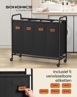 Wasmand 4 Vakken - Was Sorteren - Wasmand Op Wielen - Was Organizer - Wasverzamelaar - Wasgoed Scheiden - Opvouwbaar - Waskamer Accessoire — thumbnail 4