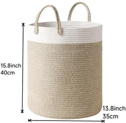 Wasmand Katoen - Opbergmand 40 ltr - Gevlochten mand - Wasmand opvouwbaar - Met handvaten - 100% Handgeweven Biologisch Katoen - Dekenmand - Speelgoedmand - Stevig - Linnen-look - Wit/Beige — thumbnail 2