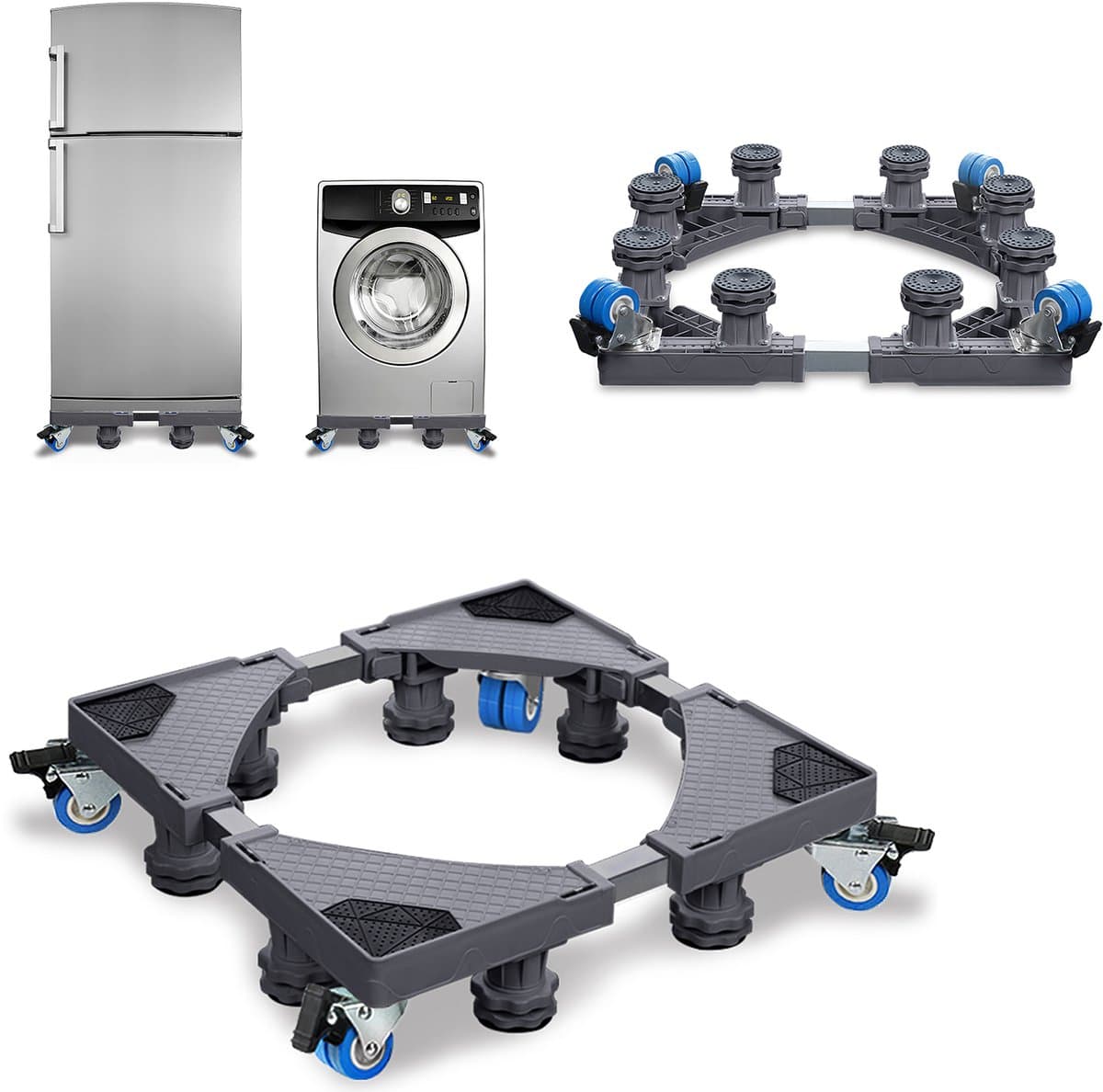 Aufun Wasmachinevoet Voor Koelkast Verstelbare Breedte- 8 Stevige Poten Met 4 Wielen-Maximale Belasting 200 Kg-Voor Wasmachine, Koelkast-Grijs — afbeelding 1