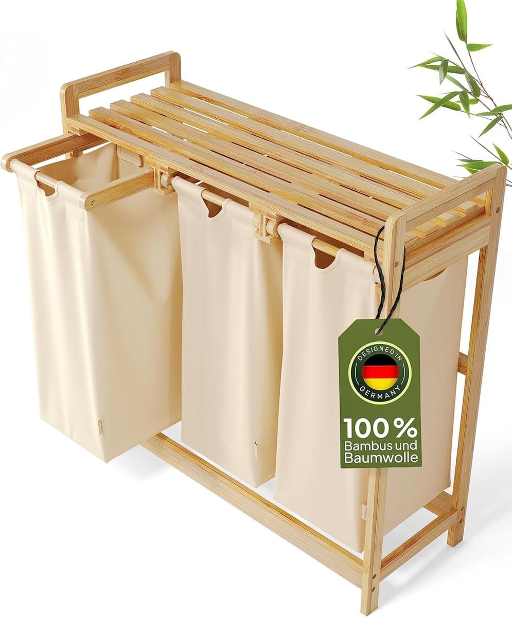 Wasmand 3 Vakken - Wassorteerder -90L-Beige — afbeelding 1