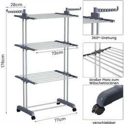 3-Laags Wasdroogrek met Verstelbare Stangen en Wielen – Opvouwbaar Droogrek met Hangers – Geschikt voor Binnen & Buiten — thumbnail 4