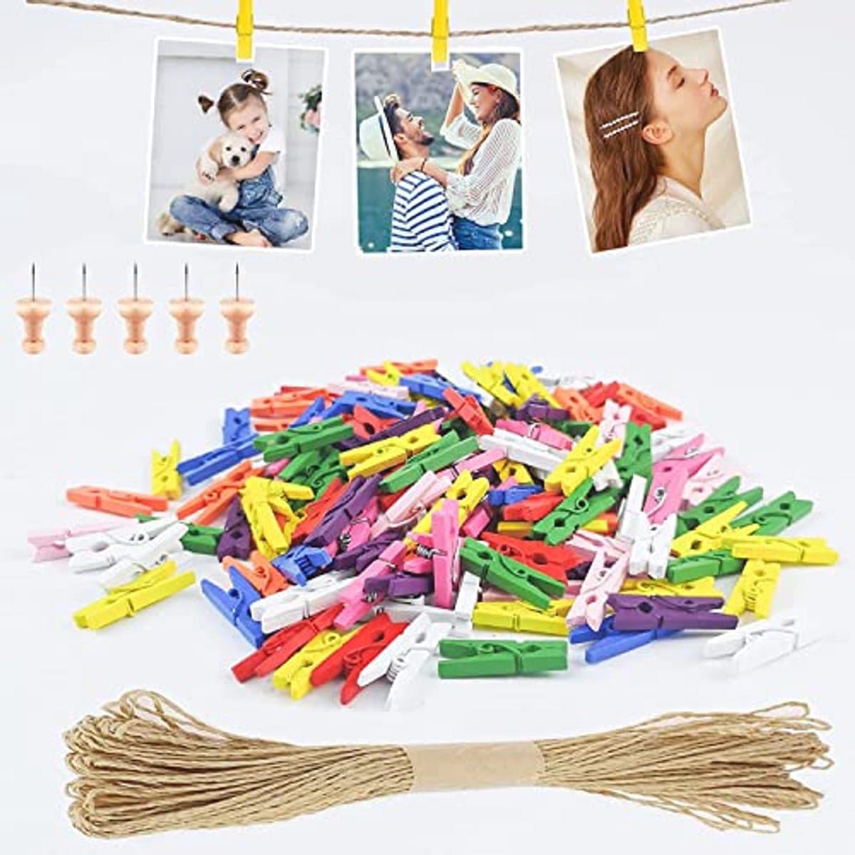 156 Stuks Mini Wasknijpers en Jute Touw voor Fotowanden en Decoraties — afbeelding 1