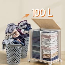 Dubbele wasmand met verdeler 46,5×37,5×65 cm 100L, met wielen, deksel, handvat en afneembare waszak, rotan-look, stevig en duurzaam, water- en verouderingsbestendig, geschikt voor wasruimte en badkamer — thumbnail 4
