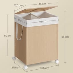 Dubbele wasmand met verdeler 46,5×37,5×65 cm 100L, met wielen, deksel, handvat en afneembare waszak, rotan-look, stevig en duurzaam, water- en verouderingsbestendig, geschikt voor wasruimte en badkamer — thumbnail 2