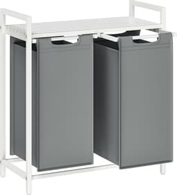 Wasmand, vuile wasmand, 2 vakken, 2 uitneembare Oxford stoffen zakken, plank, metalen frame, 2 x 46 l, 73 x 33 x 72 cm, wit en lichtgrijs — thumbnail 1