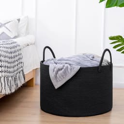 Wasmand, gevlochten opbergmand, grote katoenen mand, handdoekmand voor badkamer, mand voor dekens woonkamer, kussens, babyspeelgoed, opbergmand, 55 x 35 cm, rond, zwart — thumbnail 2