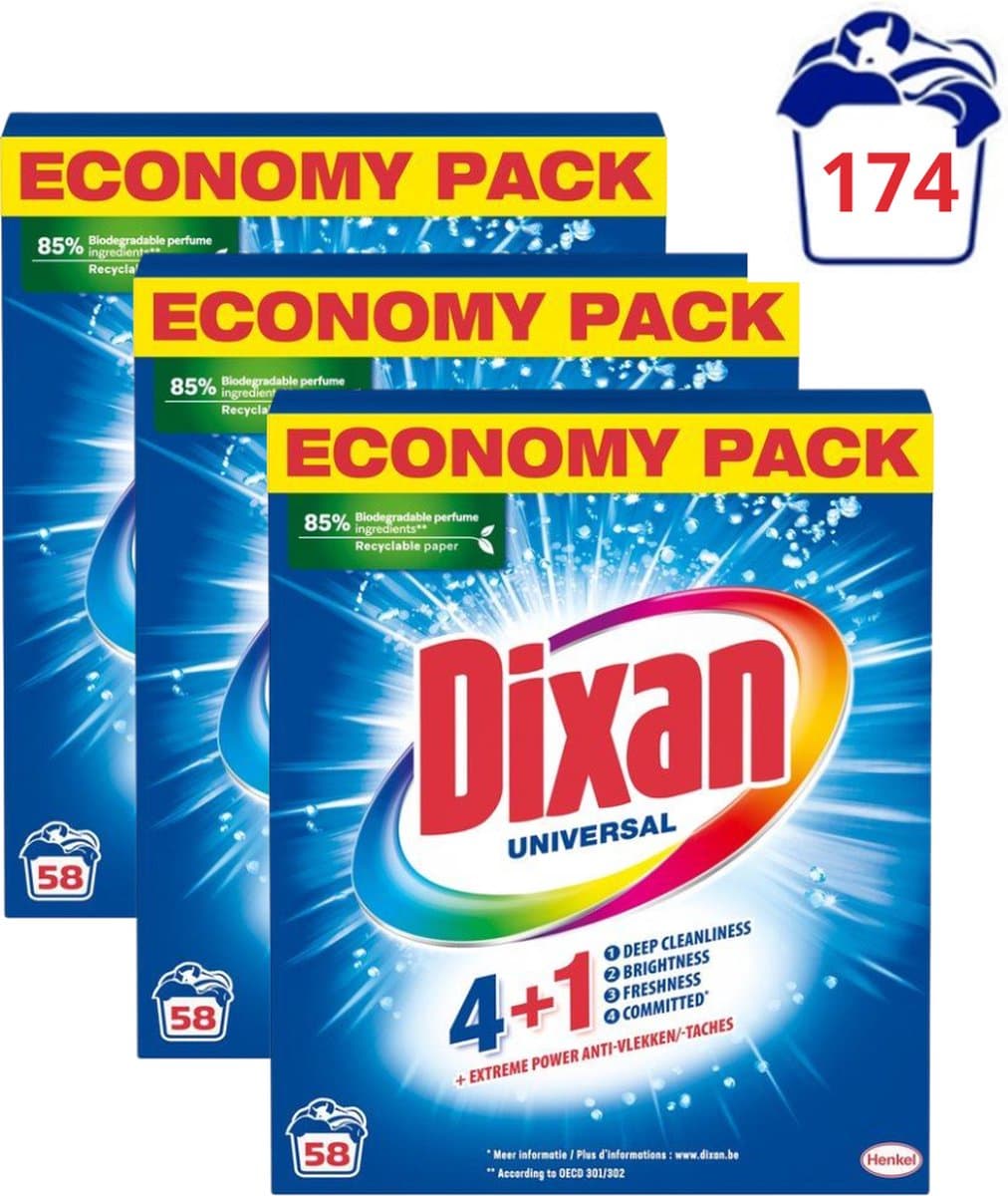 Dixan 4+1 waspoeder Universal - 3 x 58 wasbeurten - 9,57 kg — afbeelding 1