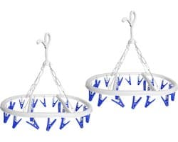 CM Wasgoed droogcarrousel/droogmolen - 2x - 20 clips/knijpers - wit/blauw - kunststof - 29 x 42 cm