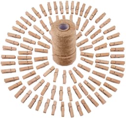 100 STUKS - Mini knijpers - 4.8 cm - Met 1 rol henneptouw (100m) - Houten clips voor fotos - Decoratie Clips - Fotohouder - Knijpers - Wasknijpers - Houtkleur — thumbnail 1