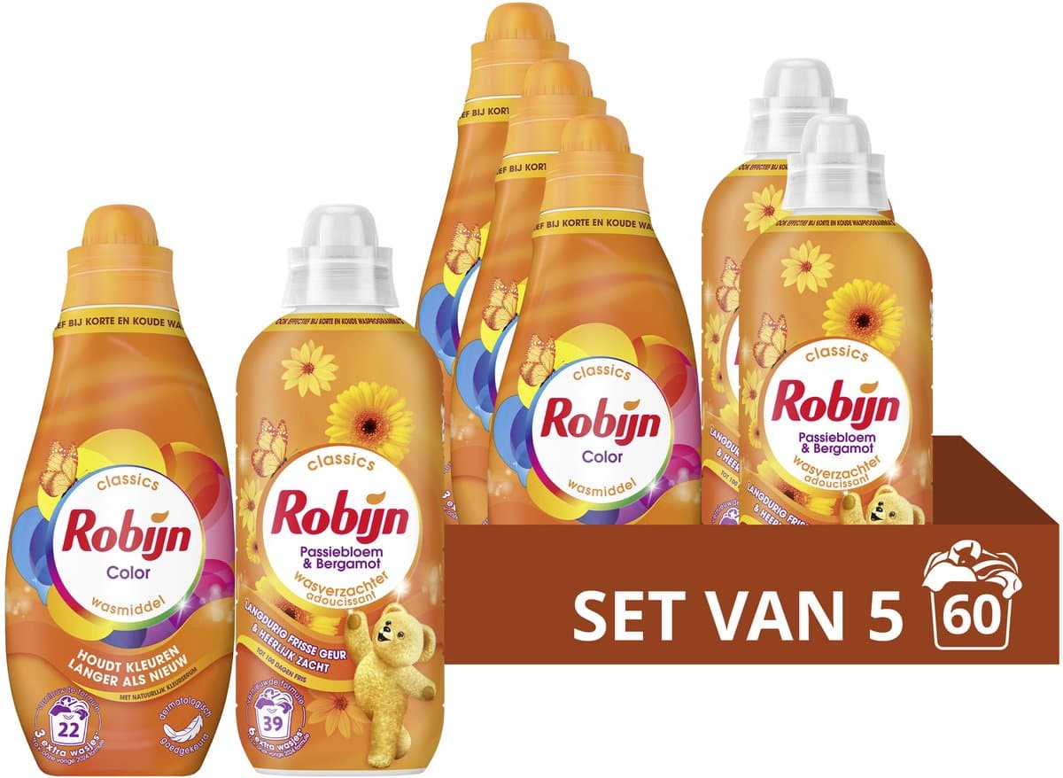 Robijn - Wasmiddel en Wasverzachter Pakket - Color + Passiebloem & Bergamot - 5 stuks - (60 Wasbeurten) - Voordeelverpakking — afbeelding 1
