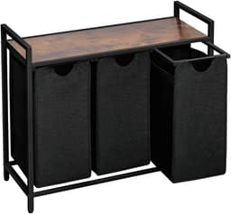 Brixy Wasmand 3 Vakken - Wassorteerder - Uitschuifbaar - Wasbox Metaal - 117L Inhoud - 90 x 33 x 70 cm - Zwart/Bruin — thumbnail 1