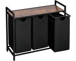 Brixy Wasmand 3 Vakken - Wassorteerder - Uitschuifbaar - Wasbox Metaal - 117L Inhoud - 90 x 33 x 70 cm - Zwart/Bruin — afbeelding 1