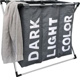 Wasmand met 3 vakken - 90 liter - opvouwbaar en afneembaar frame - wassorteerder in verschillende kleuren - Badkamer Wasgoed organizer met sluitbare zak - Donkergrijs — thumbnail 1