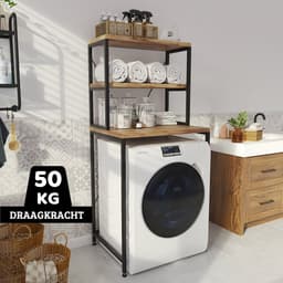 Wasmachine Kast - Droger Ombouw Meubel - Walnoot Houtkleur met Zwart Metaal - 3 Etages - 50x68x155 cm — thumbnail 1