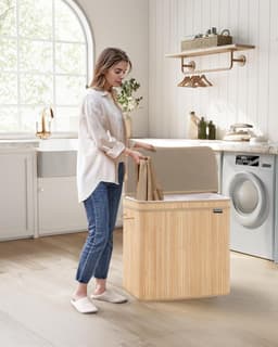 SONGMICS Wasmand met deksel, wasmand bamboe, waszak afneembaar en machinewasbaar, met handvatten, 150 liter, voor wasruimte, slaapkamer, woonkamer, naturel beige — thumbnail 3