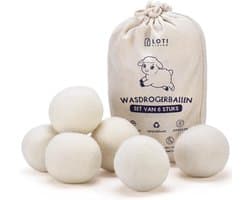 Loti Living Drogerballen Wit - 6 Wasdrogerballen - 100% Schapenwol - Droogballen met Opbergzak