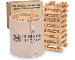 XL Wasknijpertasje met 50 Houten Wasknijpers - 100% Katoenen Tas met Grote Karabijnhaken voor Makkelijk Ophangen