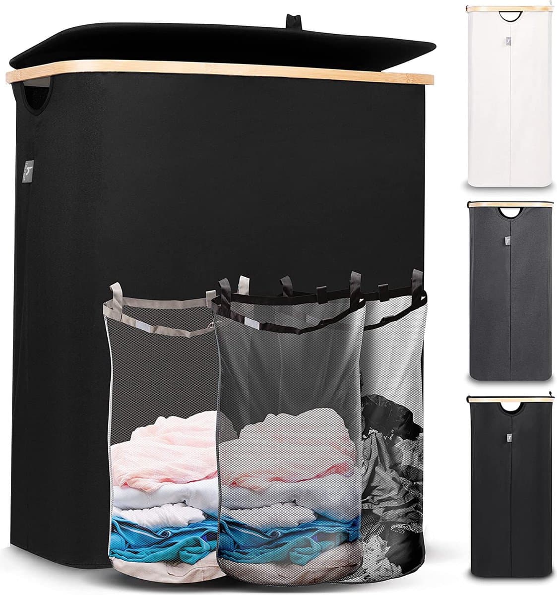 Hennez Wasmand Opbergmand 150L 3 compartimenten met deksel - Waszak Wasbaar - Rechthoekige Bamboe Wasmand met Frame — afbeelding 1